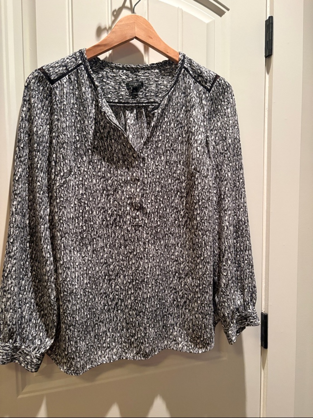 Talbots Black and White Printed Long-Sleeve V-Neck Blouse